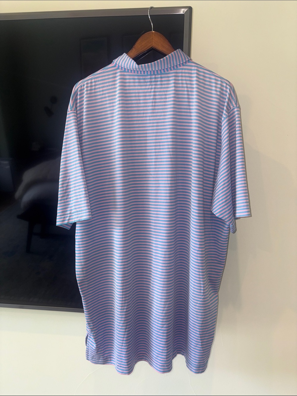 Classic Men’s Polo Shirt in Light Blue & Pink Stripe - Picture 2 of 3